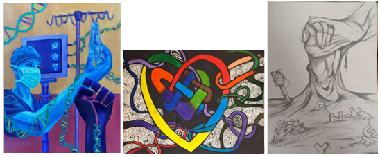 High school CGA winners, first image is a medical professional with some medical equipment and DNA strands in the background, second image is a colorful heart, and the third image is a hand pulling up a hand from the ground surrounded by alphabet letters.