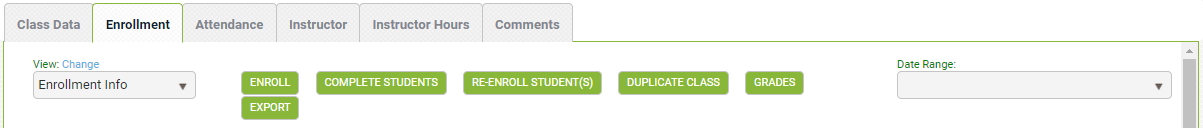 Screenshot of LACES class record screen showing that you can click Complete Students to exit learners from class enrollments.