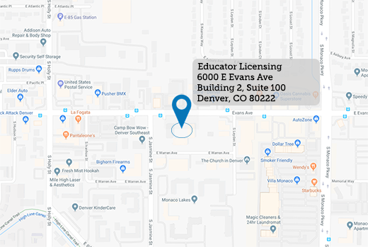 Map of 6000 E Evans Ave, Building #2, Suite 100, Denver CO 80222 - Colorado Department of Education Educator Licensing Office