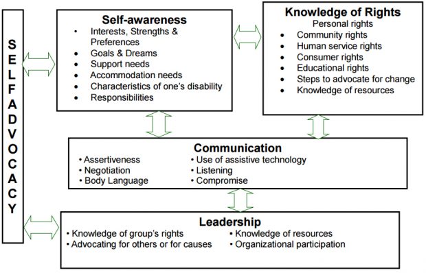 self-advocacy characteristics: self-awareness, knowledge of rights, communication, leadership.