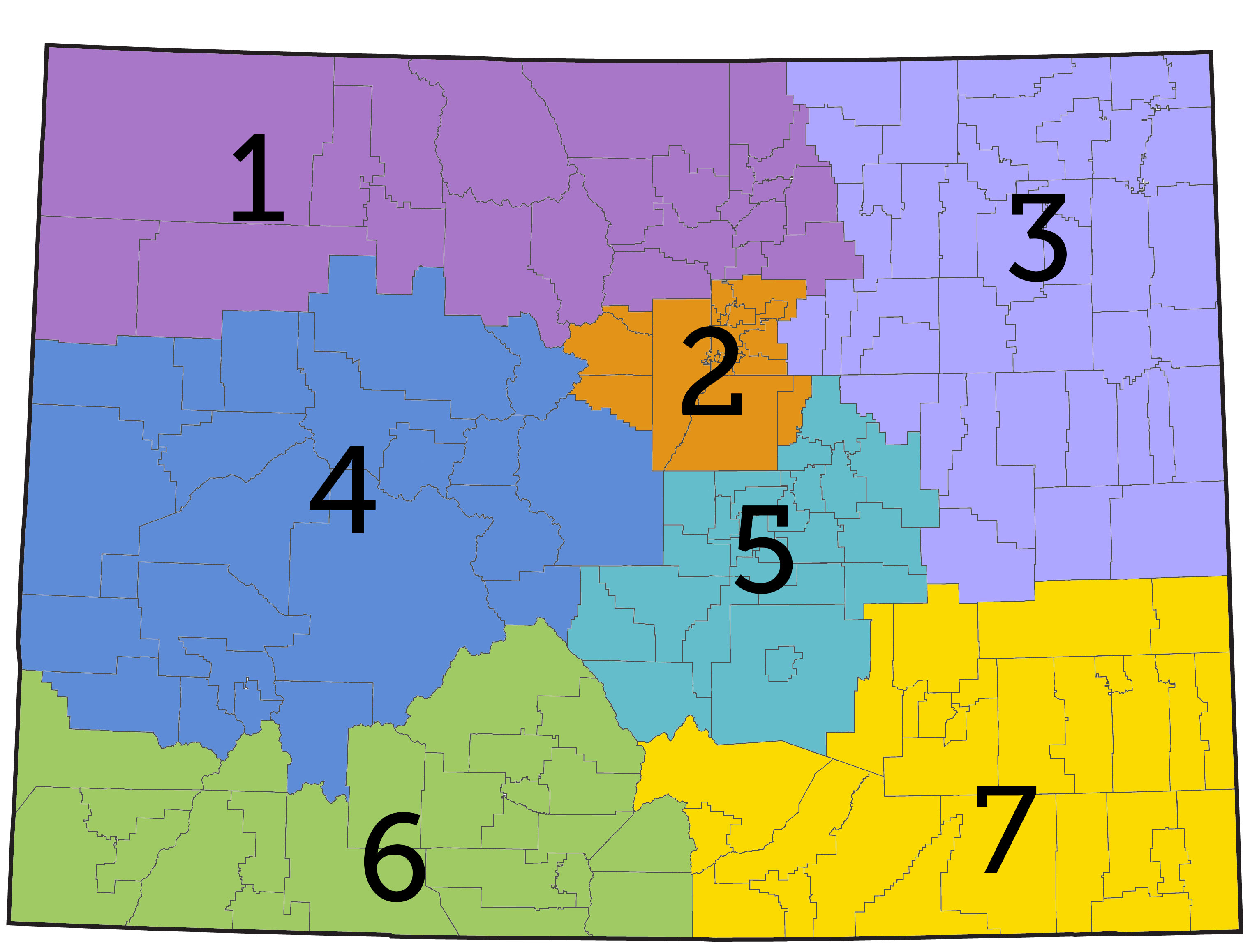Map of Colorado School Districts sectioned by colors and numbers representing regions. 