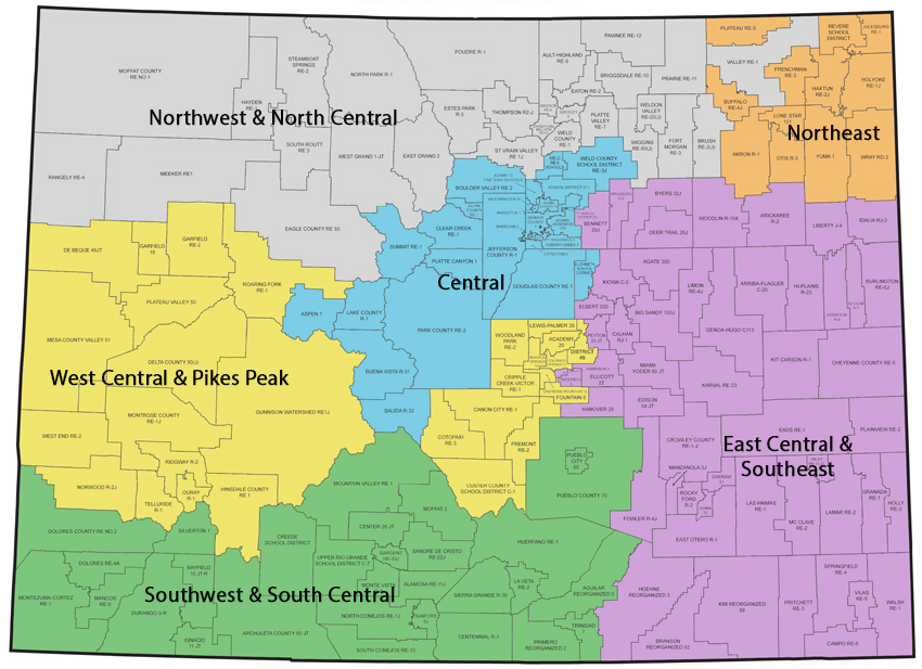 Colorado state map showing educator effectiveness regions: Northwest & North Central, West Central & Pikes Peak, Southwest & South Central, Central, East Central & Southeast, and Northeast.