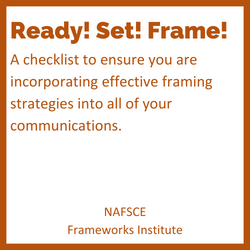 A square icon with a dark orange border and the words Ready! Set! Frame! A checklist to ensure you are incorporating effective framing strategies into all of your communications.