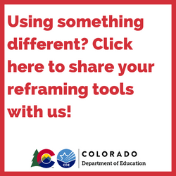A square icon with a red border and the words Using something different? Click here to share your reframing tools with us!