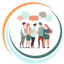 A group of five cartoon people talking to each other.
