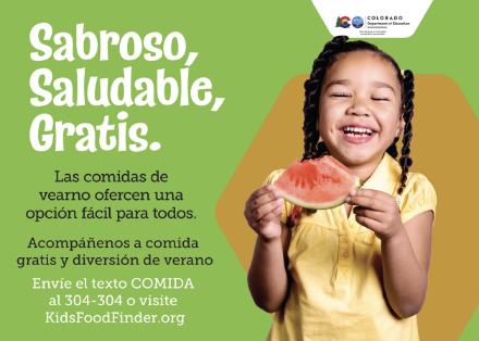 child smiling eating slice of watermelon text: Sabroso, Saludable, Gratis. Las comidas de 