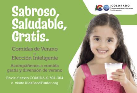 child drinking milk text: Sabroso, Saludable, Gratis. Comidas de Verano = Eleccion Inteligente