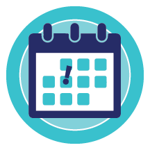 Blue monthly calendar with an exclamation mark indicating important date