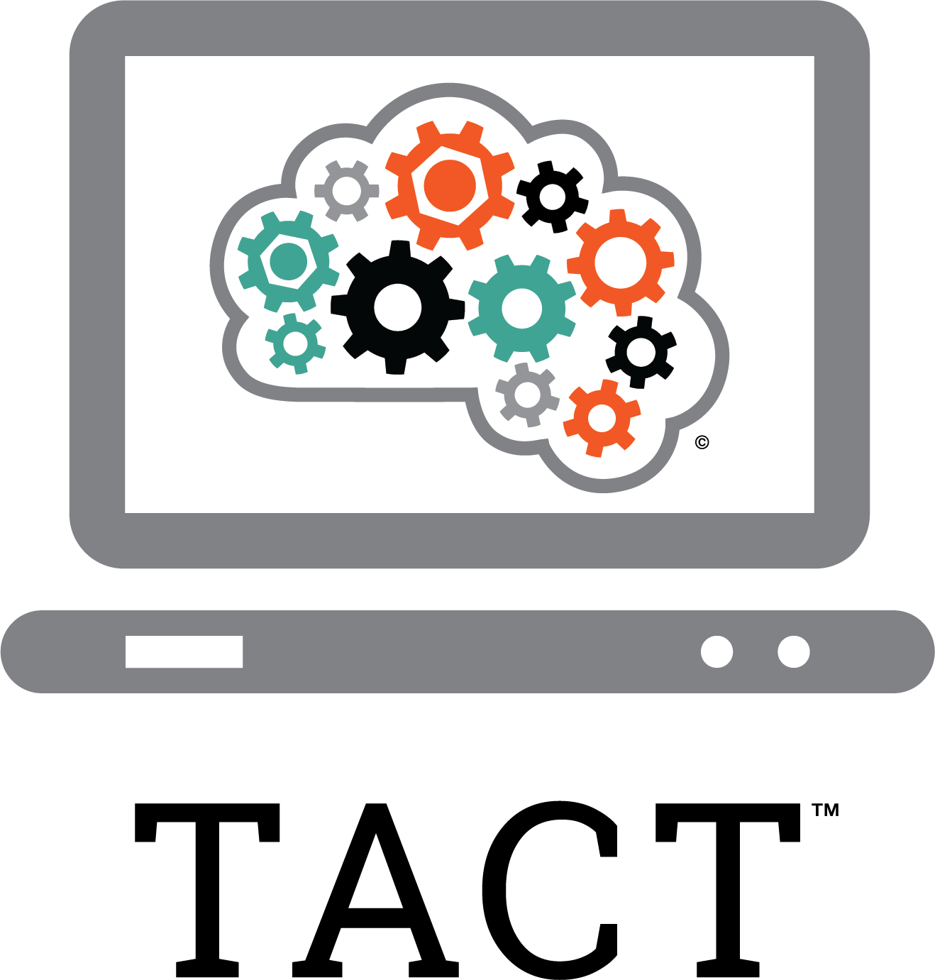 TACT letters below a computer icon showing an image of a brain with colorful gears inside.