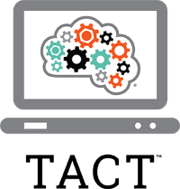 ACT letters below a computer icon showing an image of a brain with colorful gears inside.