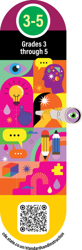 A busy and colorful decorative graphic with imagery that suggests learning and thinking