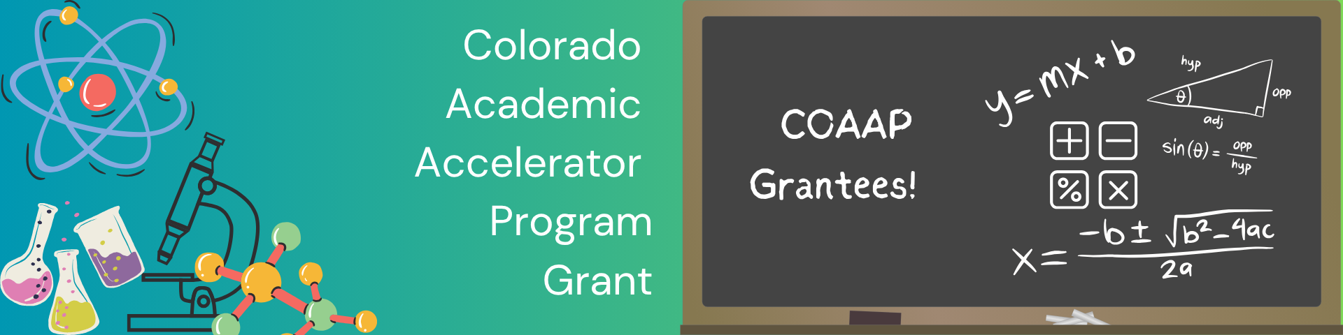 Image showing math equations on chalkboard and Colorado Academic Accelerator Program Grant test